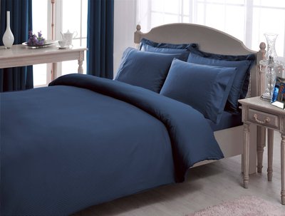 Постельное белье Tac premium сатин в полоску двухспальный евро - Синий p-60284237 фото